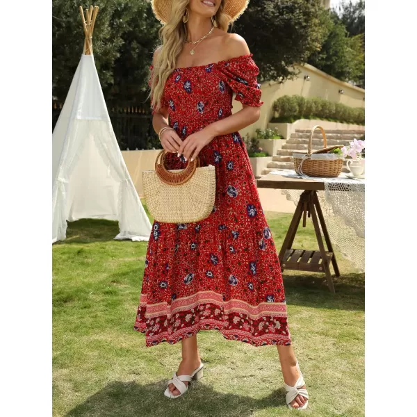 ZESICA Womens 2024 Summer Boho Floral Print Square Neck Ruffle Swing Beach Long Maxi DressRed
