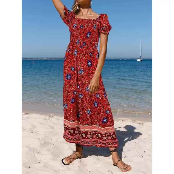 ZESICA Womens 2024 Summer Boho Floral Print Square Neck Ruffle Swing Beach Long Maxi DressRed