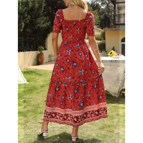ZESICA Womens 2024 Summer Boho Floral Print Square Neck Ruffle Swing Beach Long Maxi DressRed