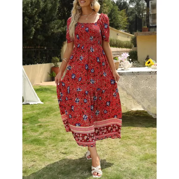 ZESICA Womens 2024 Summer Boho Floral Print Square Neck Ruffle Swing Beach Long Maxi DressRed