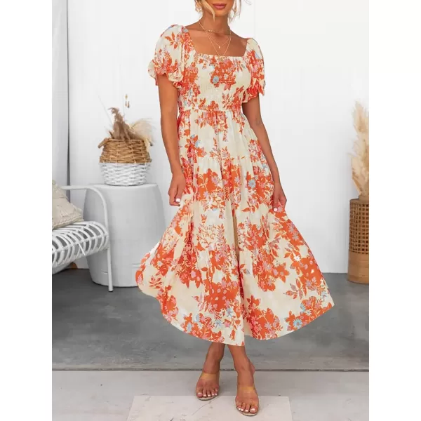 ZESICA Womens 2024 Summer Boho Floral Print Square Neck Ruffle Swing Beach Long Maxi DressTangerine