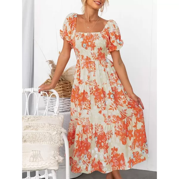 ZESICA Womens 2024 Summer Boho Floral Print Square Neck Ruffle Swing Beach Long Maxi DressTangerine