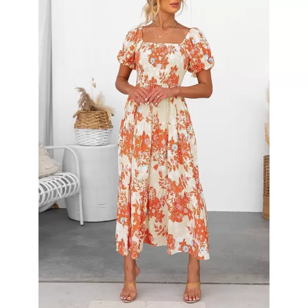 ZESICA Womens 2024 Summer Boho Floral Print Square Neck Ruffle Swing Beach Long Maxi DressTangerine