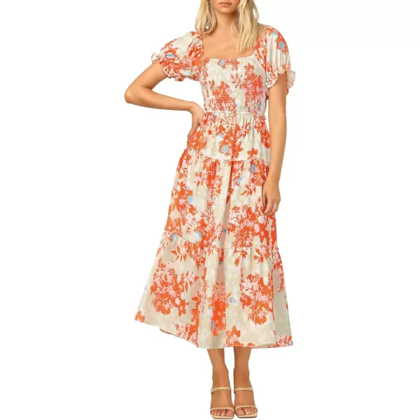 ZESICA Womens 2024 Summer Boho Floral Print Square Neck Ruffle Swing Beach Long Maxi DressTangerine