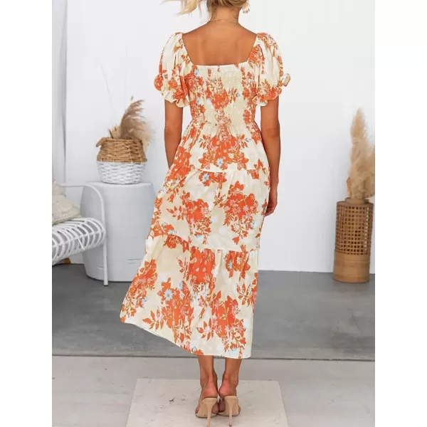 ZESICA Womens 2024 Summer Boho Floral Print Square Neck Ruffle Swing Beach Long Maxi DressTangerine