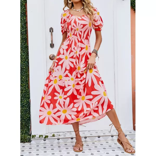 ZESICA Womens 2024 Summer Boho Floral Print Square Neck Ruffle Swing Beach Long Maxi DressTomato
