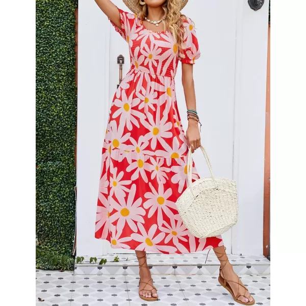 ZESICA Womens 2024 Summer Boho Floral Print Square Neck Ruffle Swing Beach Long Maxi DressTomato