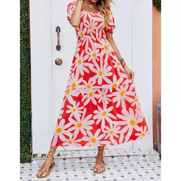 ZESICA Womens 2024 Summer Boho Floral Print Square Neck Ruffle Swing Beach Long Maxi DressTomato