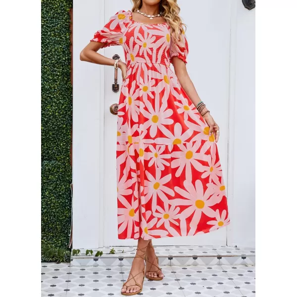 ZESICA Womens 2024 Summer Boho Floral Print Square Neck Ruffle Swing Beach Long Maxi DressTomato