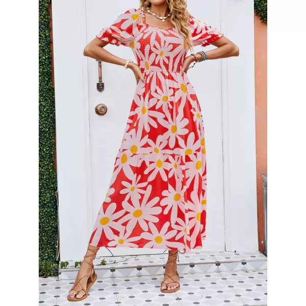 ZESICA Womens 2024 Summer Boho Floral Print Square Neck Ruffle Swing Beach Long Maxi DressTomato