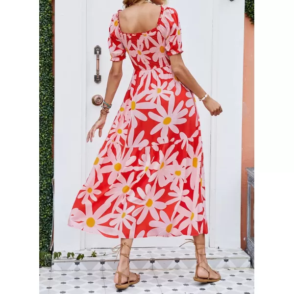 ZESICA Womens 2024 Summer Boho Floral Print Square Neck Ruffle Swing Beach Long Maxi DressTomato