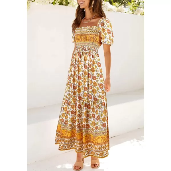 ZESICA Womens 2024 Summer Boho Floral Print Square Neck Ruffle Swing Beach Long Maxi DressYellow