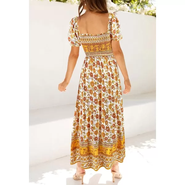 ZESICA Womens 2024 Summer Boho Floral Print Square Neck Ruffle Swing Beach Long Maxi DressYellow