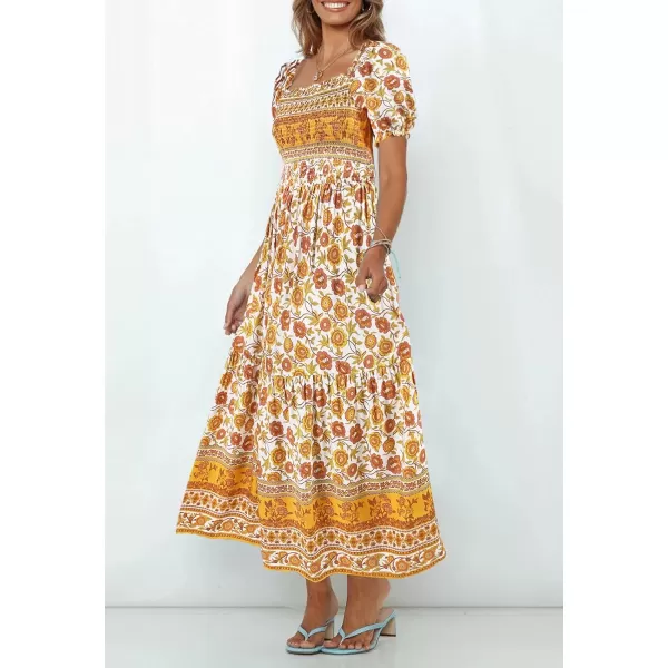 ZESICA Womens 2024 Summer Boho Floral Print Square Neck Ruffle Swing Beach Long Maxi DressYellow