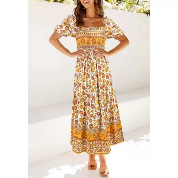 ZESICA Womens 2024 Summer Boho Floral Print Square Neck Ruffle Swing Beach Long Maxi DressYellow