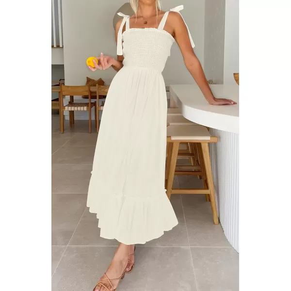 ZESICA Womens 2024 Summer Boho Spaghetti Strap Square Neck Solid Color Ruffle A Line Beach Long Maxi DressApricot