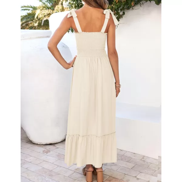 ZESICA Womens 2024 Summer Boho Spaghetti Strap Square Neck Solid Color Ruffle A Line Beach Long Maxi DressApricot