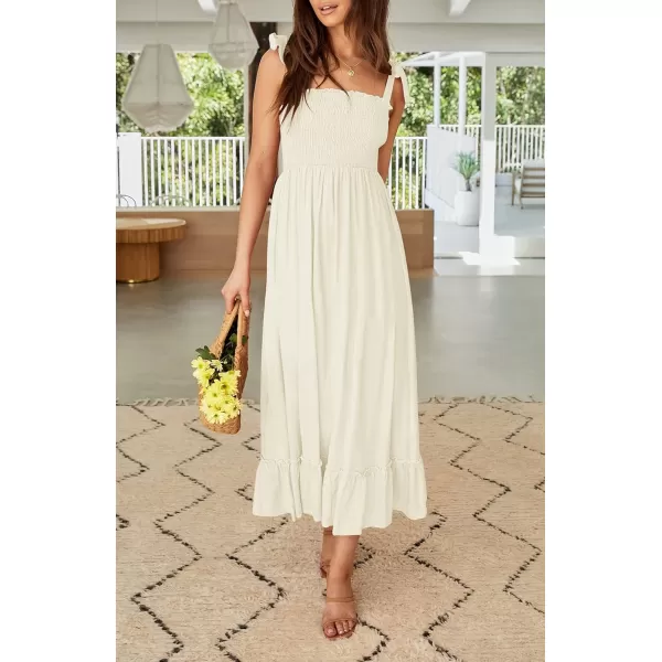 ZESICA Womens 2024 Summer Boho Spaghetti Strap Square Neck Solid Color Ruffle A Line Beach Long Maxi DressApricot