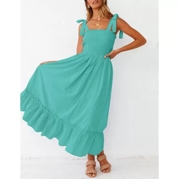 ZESICA Womens 2024 Summer Boho Spaghetti Strap Square Neck Solid Color Ruffle A Line Beach Long Maxi DressAqua