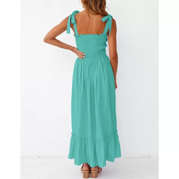 ZESICA Womens 2024 Summer Boho Spaghetti Strap Square Neck Solid Color Ruffle A Line Beach Long Maxi DressAqua