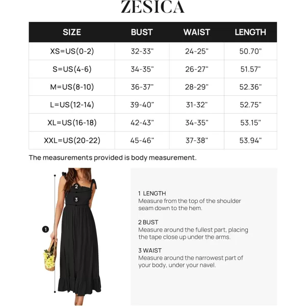 ZESICA Womens 2024 Summer Boho Spaghetti Strap Square Neck Solid Color Ruffle A Line Beach Long Maxi DressBlack