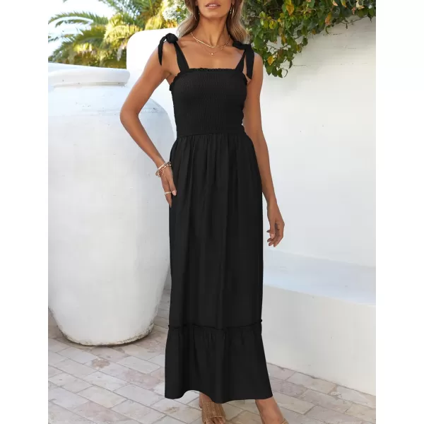 ZESICA Womens 2024 Summer Boho Spaghetti Strap Square Neck Solid Color Ruffle A Line Beach Long Maxi DressBlack