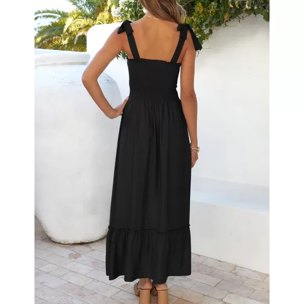 ZESICA Womens 2024 Summer Boho Spaghetti Strap Square Neck Solid Color Ruffle A Line Beach Long Maxi DressBlack