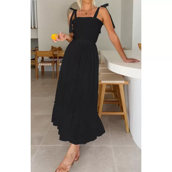 ZESICA Womens 2024 Summer Boho Spaghetti Strap Square Neck Solid Color Ruffle A Line Beach Long Maxi DressBlack