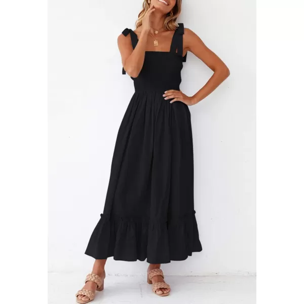 ZESICA Womens 2024 Summer Boho Spaghetti Strap Square Neck Solid Color Ruffle A Line Beach Long Maxi DressBlack