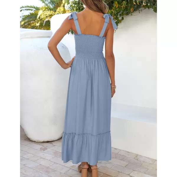 ZESICA Womens 2024 Summer Boho Spaghetti Strap Square Neck Solid Color Ruffle A Line Beach Long Maxi DressBlue
