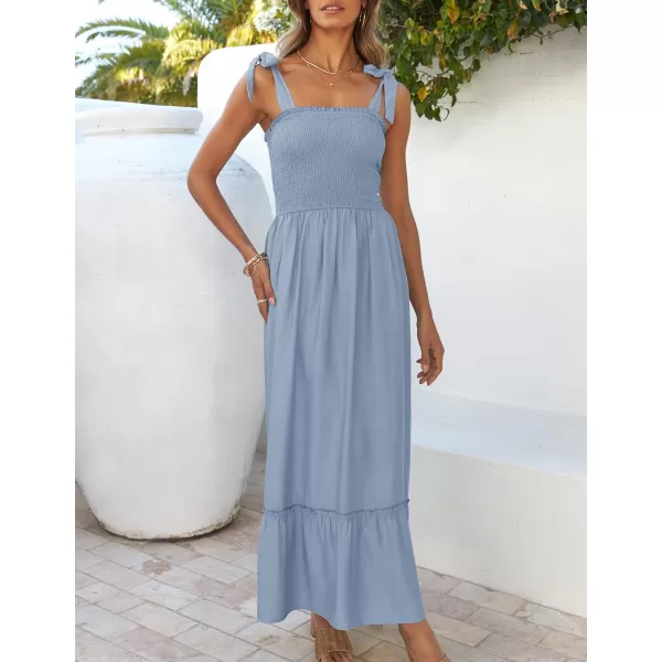 ZESICA Womens 2024 Summer Boho Spaghetti Strap Square Neck Solid Color Ruffle A Line Beach Long Maxi DressBlue
