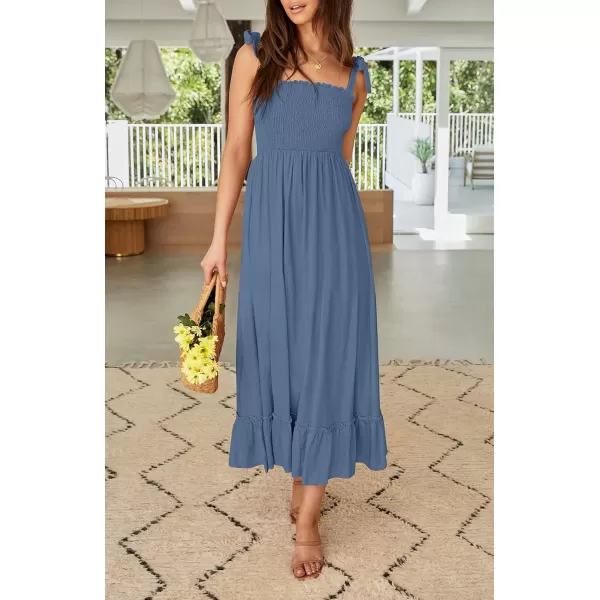 ZESICA Womens 2024 Summer Boho Spaghetti Strap Square Neck Solid Color Ruffle A Line Beach Long Maxi DressDustyblue