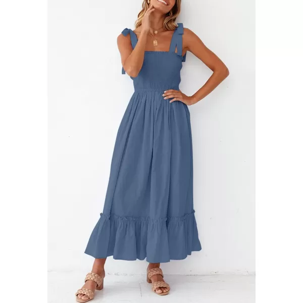 ZESICA Womens 2024 Summer Boho Spaghetti Strap Square Neck Solid Color Ruffle A Line Beach Long Maxi DressDustyblue