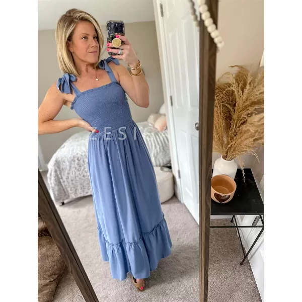 ZESICA Womens 2024 Summer Boho Spaghetti Strap Square Neck Solid Color Ruffle A Line Beach Long Maxi DressDustyblue