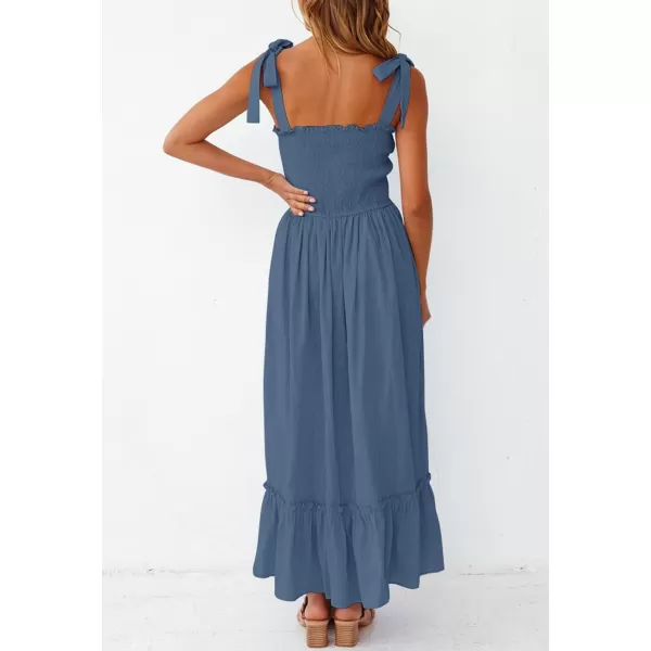 ZESICA Womens 2024 Summer Boho Spaghetti Strap Square Neck Solid Color Ruffle A Line Beach Long Maxi DressDustyblue