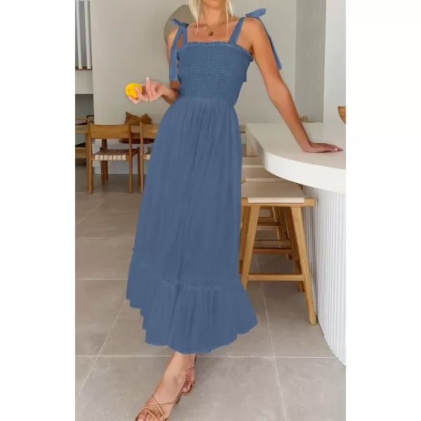ZESICA Womens 2024 Summer Boho Spaghetti Strap Square Neck Solid Color Ruffle A Line Beach Long Maxi DressDustyblue