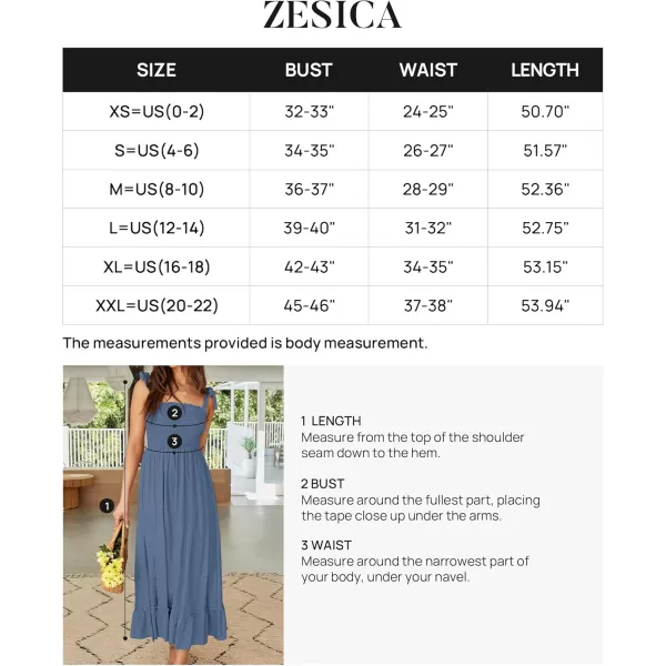 ZESICA Womens 2024 Summer Boho Spaghetti Strap Square Neck Solid Color Ruffle A Line Beach Long Maxi DressDustyblue