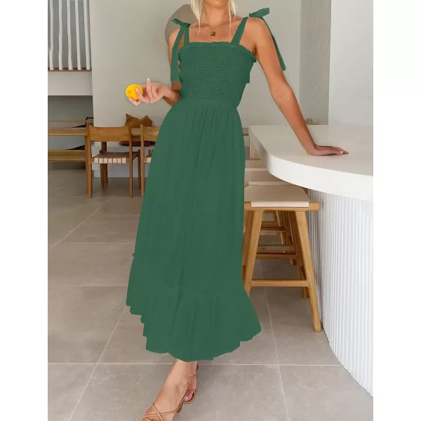 ZESICA Womens 2024 Summer Boho Spaghetti Strap Square Neck Solid Color Ruffle A Line Beach Long Maxi DressForestgreen