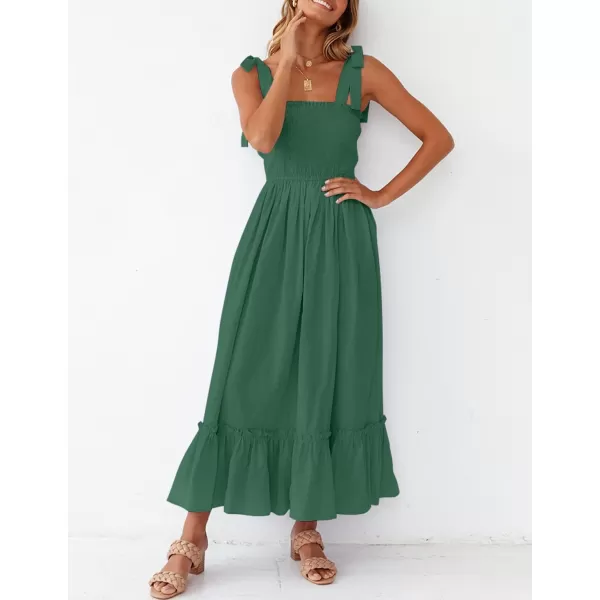 ZESICA Womens 2024 Summer Boho Spaghetti Strap Square Neck Solid Color Ruffle A Line Beach Long Maxi DressForestgreen