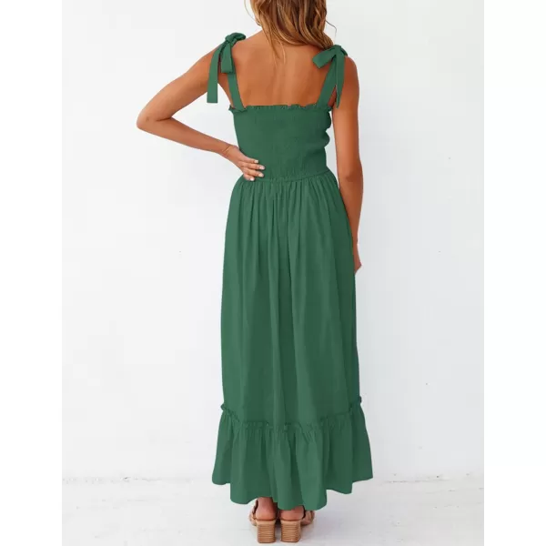ZESICA Womens 2024 Summer Boho Spaghetti Strap Square Neck Solid Color Ruffle A Line Beach Long Maxi DressForestgreen