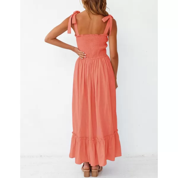 ZESICA Womens 2024 Summer Boho Spaghetti Strap Square Neck Solid Color Ruffle A Line Beach Long Maxi DressGrapefruit