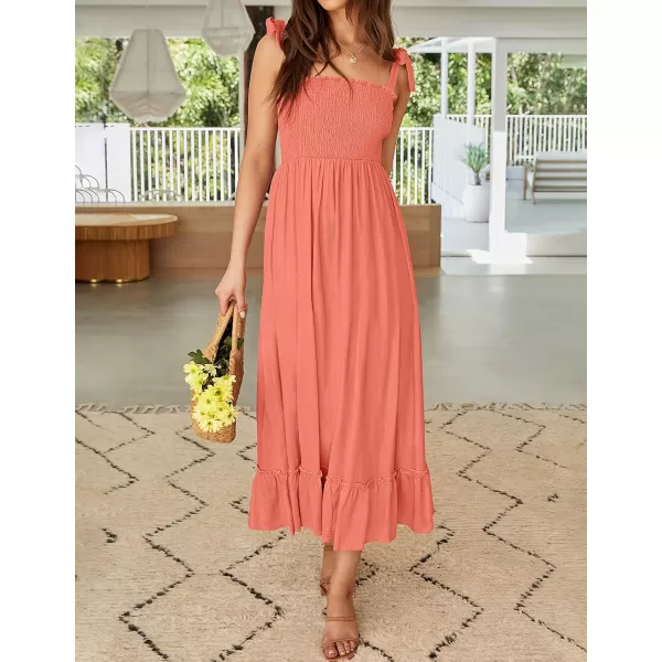 ZESICA Womens 2024 Summer Boho Spaghetti Strap Square Neck Solid Color Ruffle A Line Beach Long Maxi DressGrapefruit