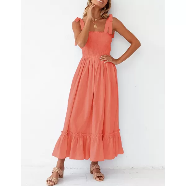 ZESICA Womens 2024 Summer Boho Spaghetti Strap Square Neck Solid Color Ruffle A Line Beach Long Maxi DressGrapefruit