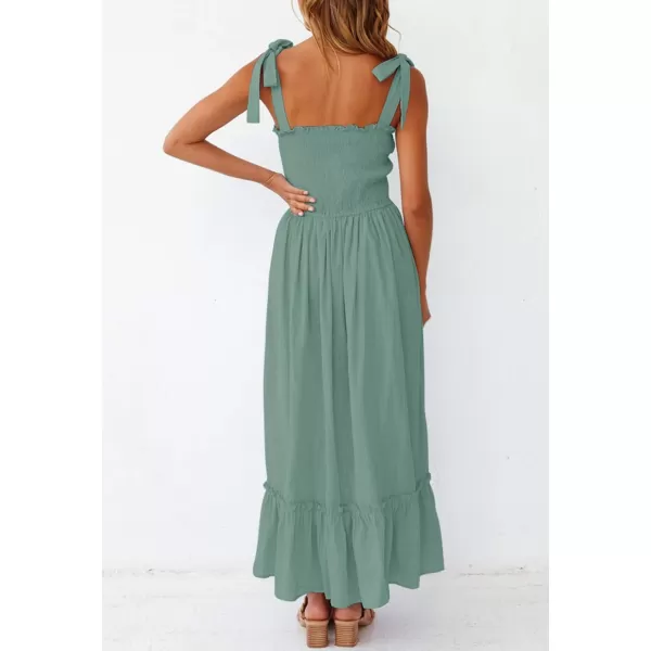 ZESICA Womens 2024 Summer Boho Spaghetti Strap Square Neck Solid Color Ruffle A Line Beach Long Maxi DressGreen