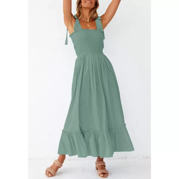 ZESICA Womens 2024 Summer Boho Spaghetti Strap Square Neck Solid Color Ruffle A Line Beach Long Maxi DressGreen