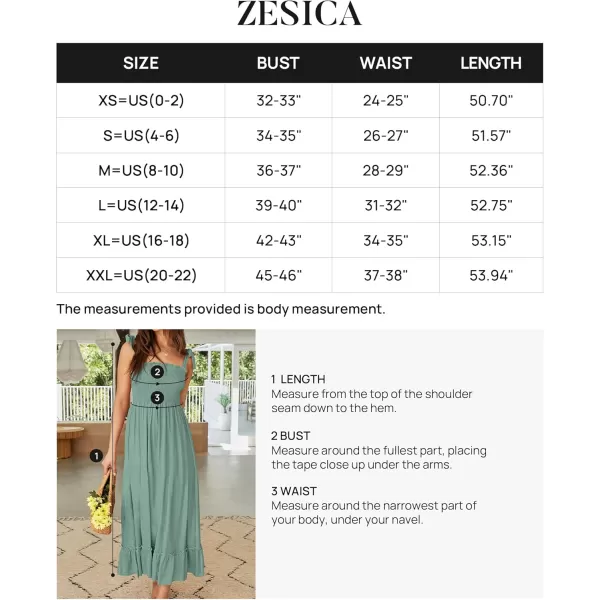 ZESICA Womens 2024 Summer Boho Spaghetti Strap Square Neck Solid Color Ruffle A Line Beach Long Maxi DressGreen