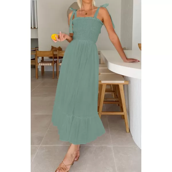ZESICA Womens 2024 Summer Boho Spaghetti Strap Square Neck Solid Color Ruffle A Line Beach Long Maxi DressGreen