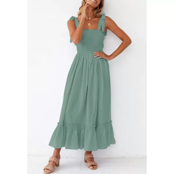 ZESICA Womens 2024 Summer Boho Spaghetti Strap Square Neck Solid Color Ruffle A Line Beach Long Maxi DressGreen
