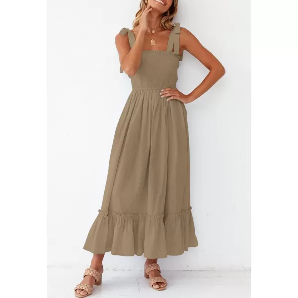 ZESICA Womens 2024 Summer Boho Spaghetti Strap Square Neck Solid Color Ruffle A Line Beach Long Maxi DressKhaki