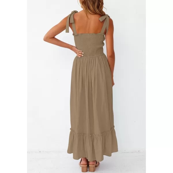 ZESICA Womens 2024 Summer Boho Spaghetti Strap Square Neck Solid Color Ruffle A Line Beach Long Maxi DressKhaki